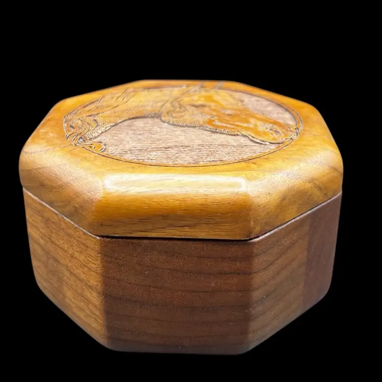 #274B Vintage Turned Wood Hexagon Trinket Box With Laser Cut Horse Head On Lid. Lined With Blue Velvet.  Lid Is Removable 
Equestrian, Western