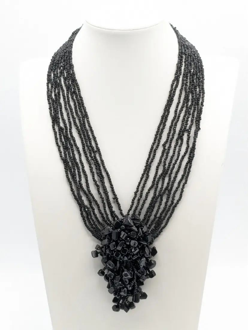 Bali Multi-Strand Black Beaded Necklace with Cluster Pendant Boho Jewelry