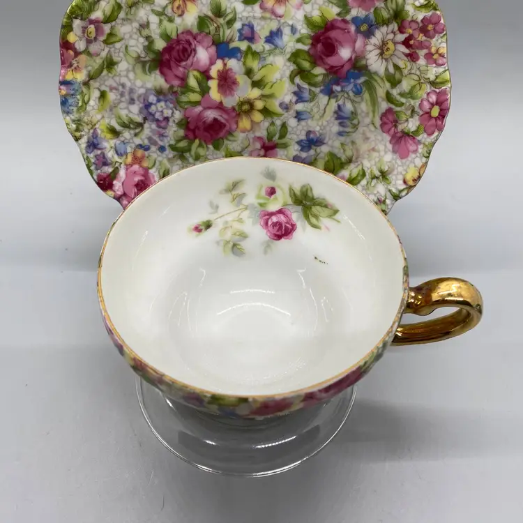 Saji Occupied China Floral Rose Chintz Cup and Saucer with Display Stand