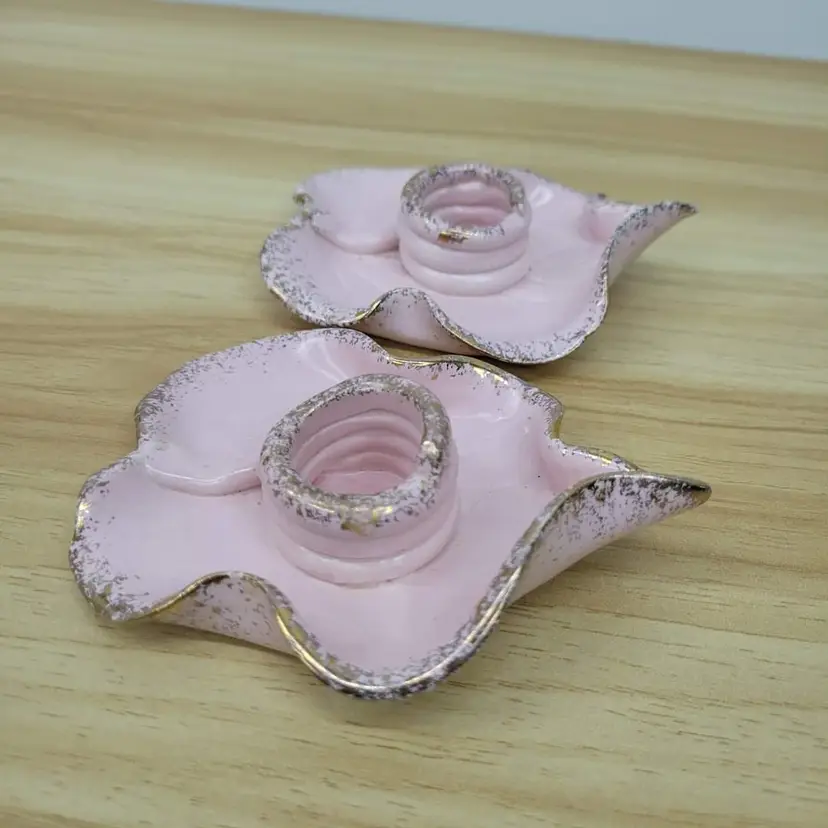Beautiful Vintage California Pottery Pink Leaf Candle Stick Holders - MCM 🩷🍂