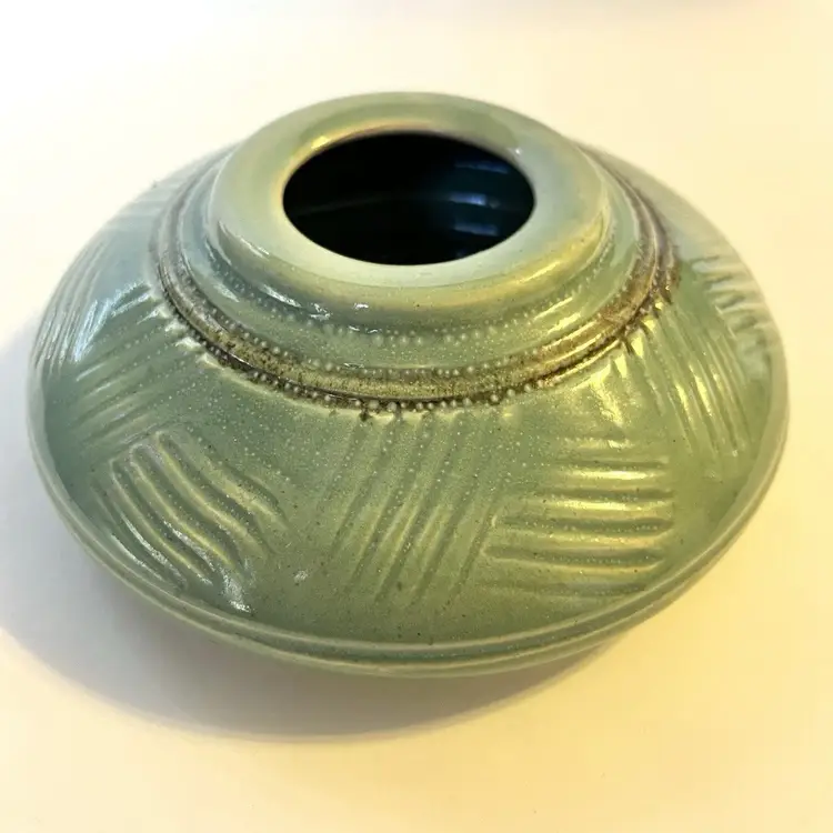 Studio Pottery Ikebana Vase w/Flower Frog Jack Boyle 2002 Celadon Green 5.5"D