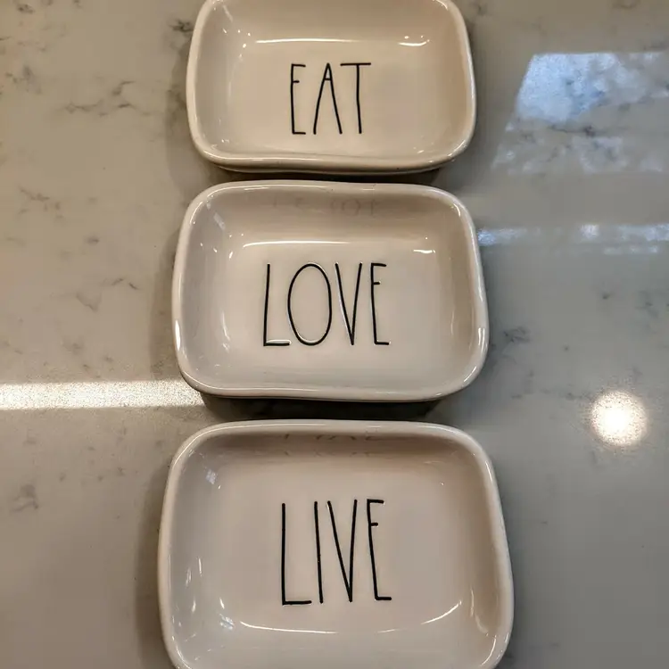 Rae Dunn 3 Piece Snack Serving Eat, Live, and Love Trays Plates Dipping Bowls