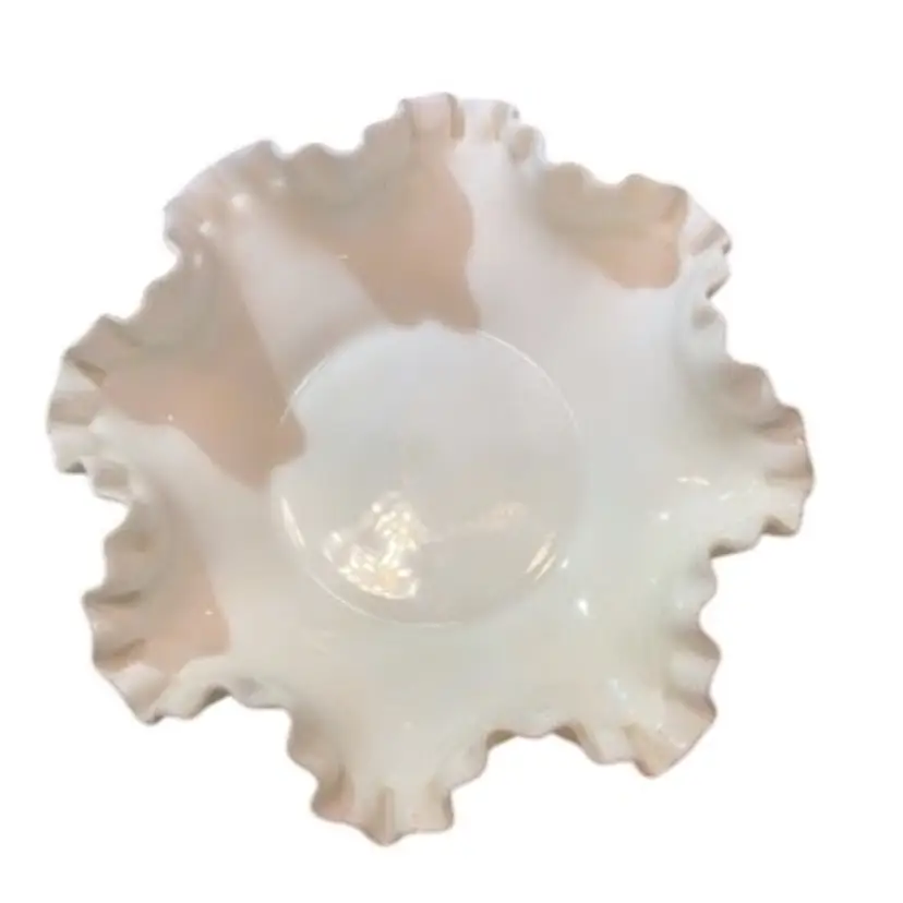 White Milk Glass Hobnail Crimped Fluted And Ruffled Edge Bowl