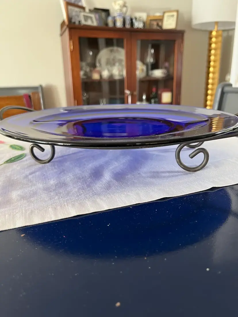 Rare Vintage Cobalt Blue Glass Centerpiece With Metal Stand With Spiral Handles