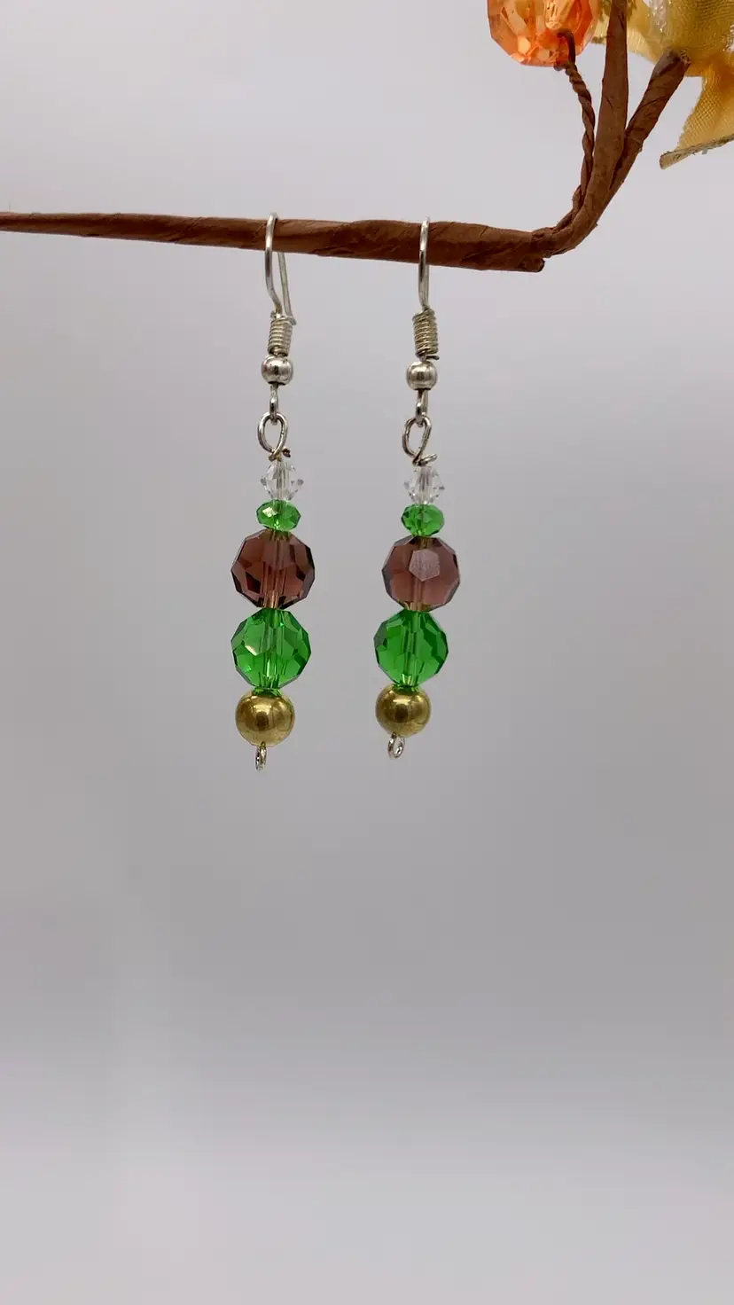 Lovely Crystal Green Purple Shiny Faced Glass Dangle Earrings With Gold Beads