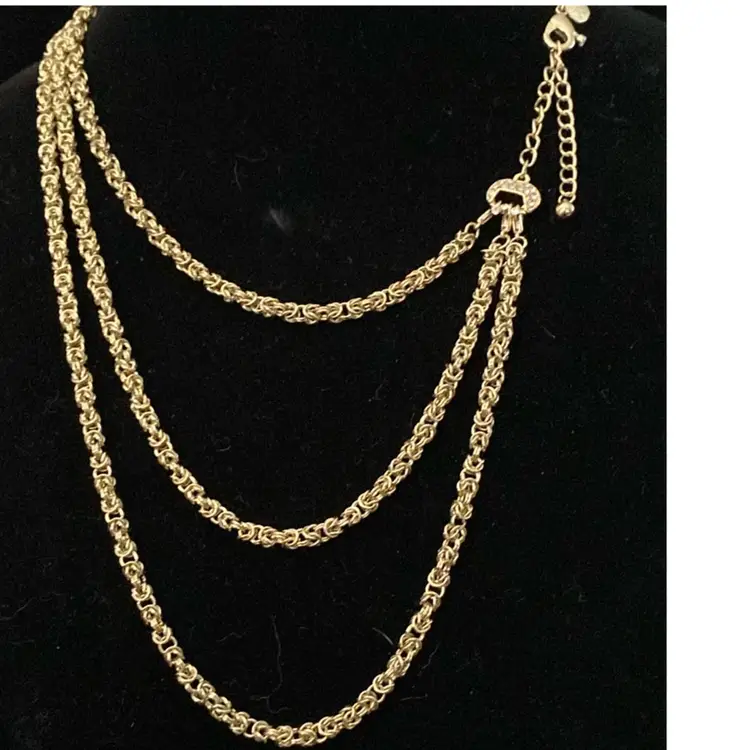 OPC Byzantine Gold Tone & Crystal Three Tiered Necklace