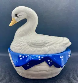 Ceramic figural goose in a basket covered trinket dish hand painted signed