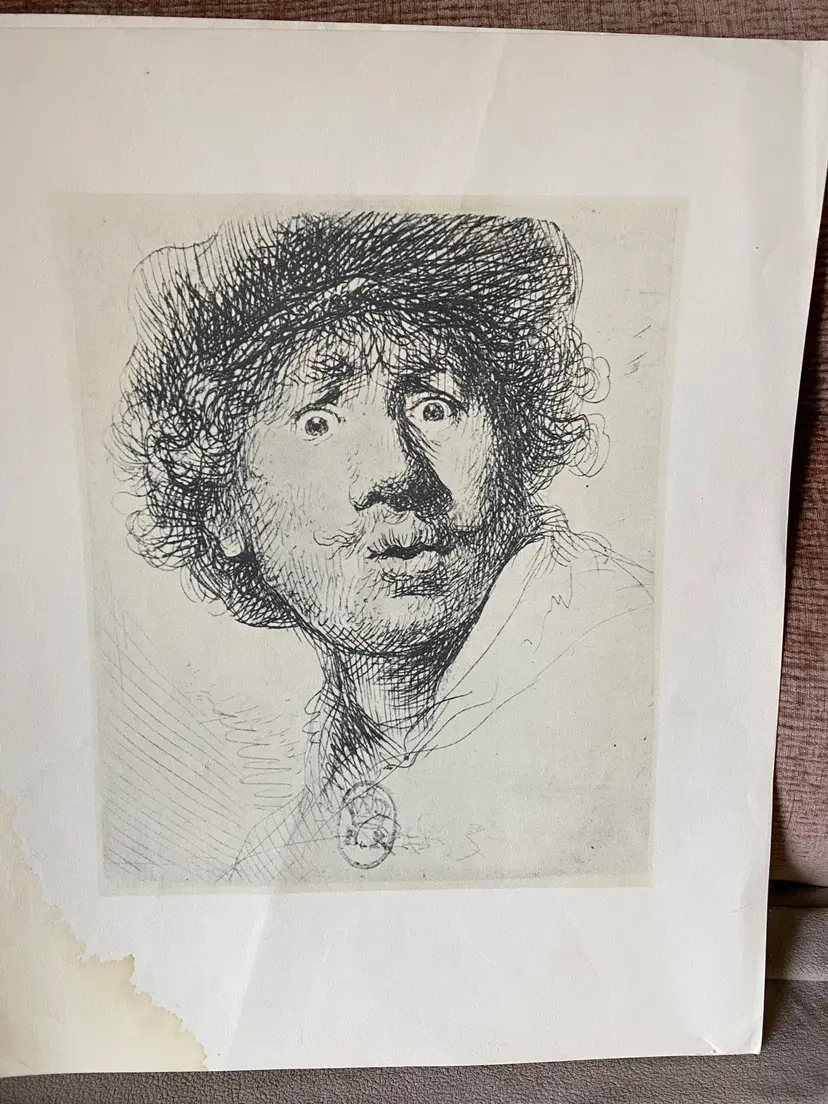 Rembrandt self portrait - In cap open mouth print - see photos for condition - collector/museum stamped - 15 3/4 wide x 19 1/4 tall