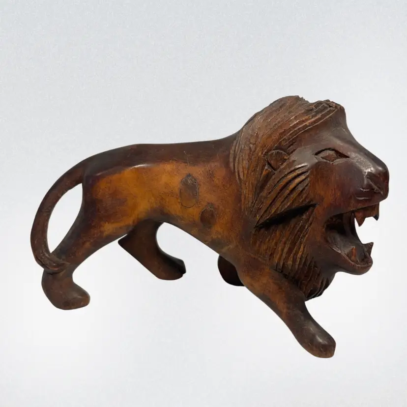 Sculptural Solid Wood Detailed Carved Lion | 6.5”