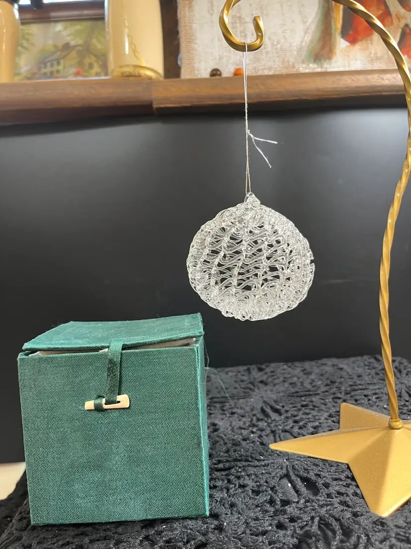 Spun Clear Glass Ornament w/ Green Linen Lined Box