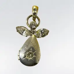 #41 Costume Silver Tone / Rhinestone Angel Pendant Locket 1”
