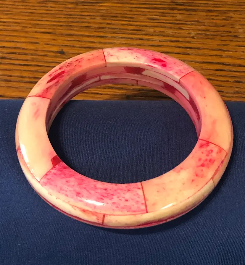Vintage Salmon Pink Chunky Bone Bangle Bracelet, Handmade