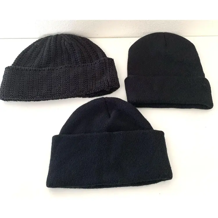 Lot of 3 Knit Beanies Black Unisex Rolled-Up Cuff 2 Tight Knit 1 Rib Knit