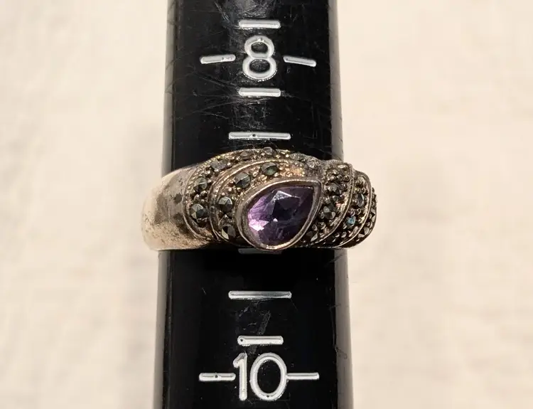 Vintage Sterling Silver Amethyst and Marcasite Decorative Band, Size 9