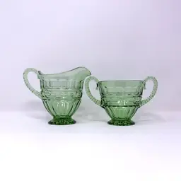 Fostoria Hermitage Green Uranium Glass Creamer and Sugar Set – 1930s Depression Glass, Glows (0320-25)