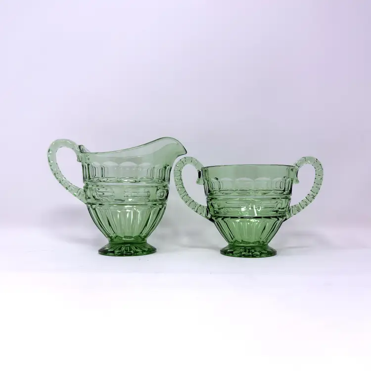 Fostoria Hermitage Green Uranium Glass Creamer and Sugar Set – 1930s Depression Glass, Glows (0320-25)