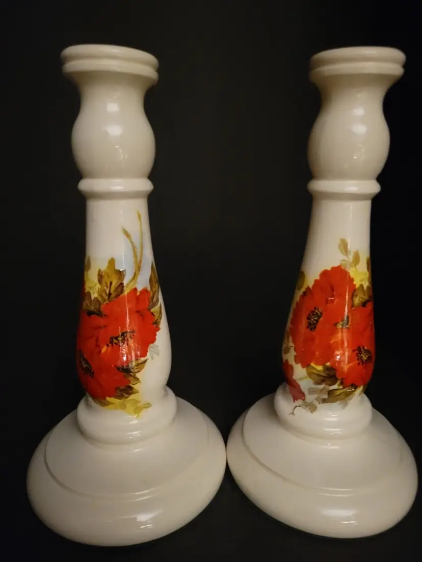 Floral Ceramic Hand Painted Large Heavy Candlestick Holders 11 Inch