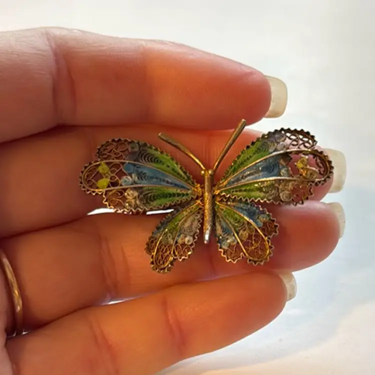 Vintage Sterling Silver Filigree Wire Work Butterfly Pin With Blue & Green Enameling 2”, As Is Tiny Damage On 1 Wing Tip