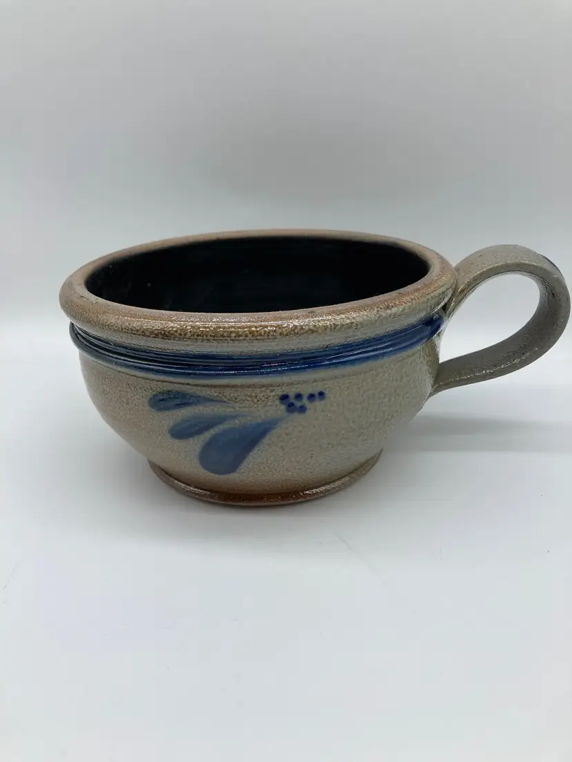 Vintage Rowe Pottery Works Stoneware Soup Cup, Handmade, Cambridge WI.,Salt Glaze Blue Gray