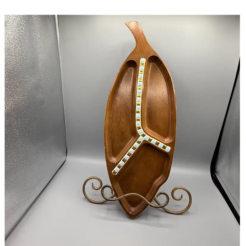 Vintage MCM  Wood Leaf Serving Tray with Blue and Gold Mosaic Inlay 18 1/2” x 7”