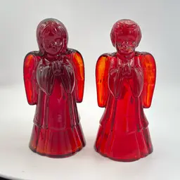 Pair Set Of 2 - Boy & Girl Fenton Red Amberina Glass Angels - Glow - 6”