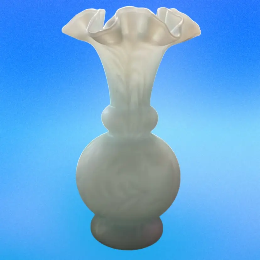 Vintage Fenton Satin Blue Opalescent Art Glass Fern & Daisy With Double Ruffle Vase 8”