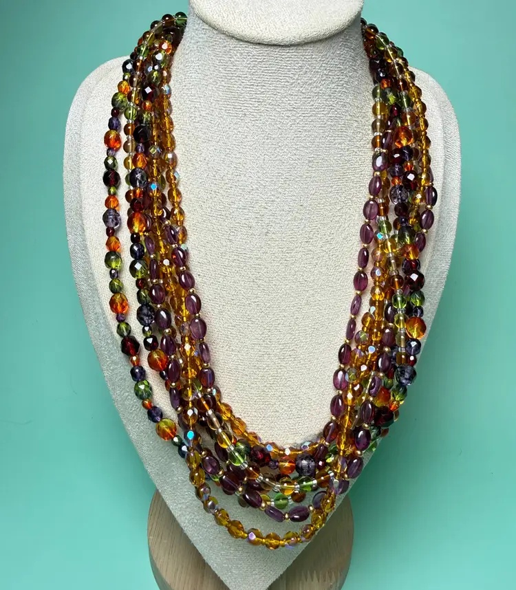 Vintage Joan Rivers 4 Strand Czech Glass Torsade Necklace Multicolor Gold Tone Clip