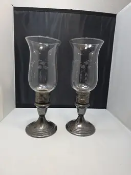 Vintage Gorham Silver Plated Hurricane Candle Holders Floral Glass Pair