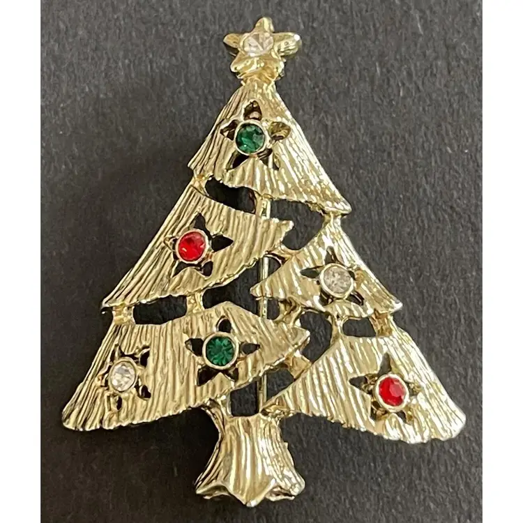 VINTAGE CHRISTMAS TREE BROOCH Pin Gold Tone Green Red Rhinestones Star Holiday