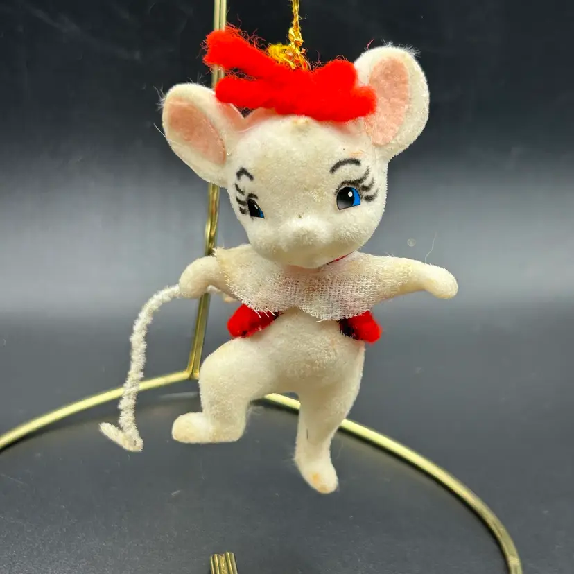 Vintage Flocked Mouse Christmas Holiday Ornament