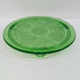 Vintage Jeanette Green Depression Glass Sunflower Footed Cake Plate 1930s 10"