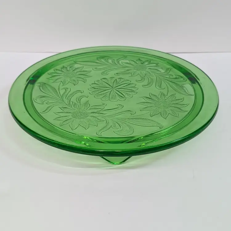 Vintage Jeanette Green Depression Glass Sunflower Footed Cake Plate 1930s 10"