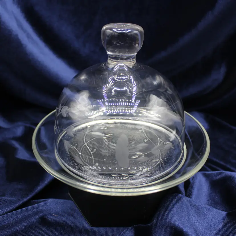Vintage Princess House Domed Butter Dish Crystal Etched Glass Heritage Pattern
