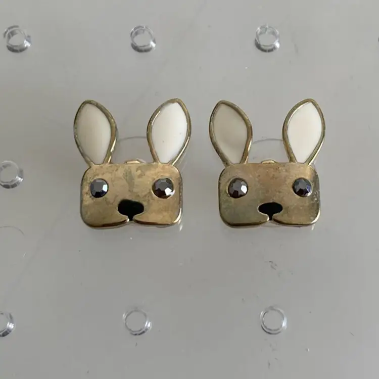 Gold Bunny Earrings With White Enameled Ears Vintage