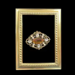 Avon-"Filigree Fantasy"-Victorian Revival Brooch & Pendant-Amber Central Stone, Clear Rhinestones, & Faux Pearls Set in a Beautiful Filigree Gold Tone Setting