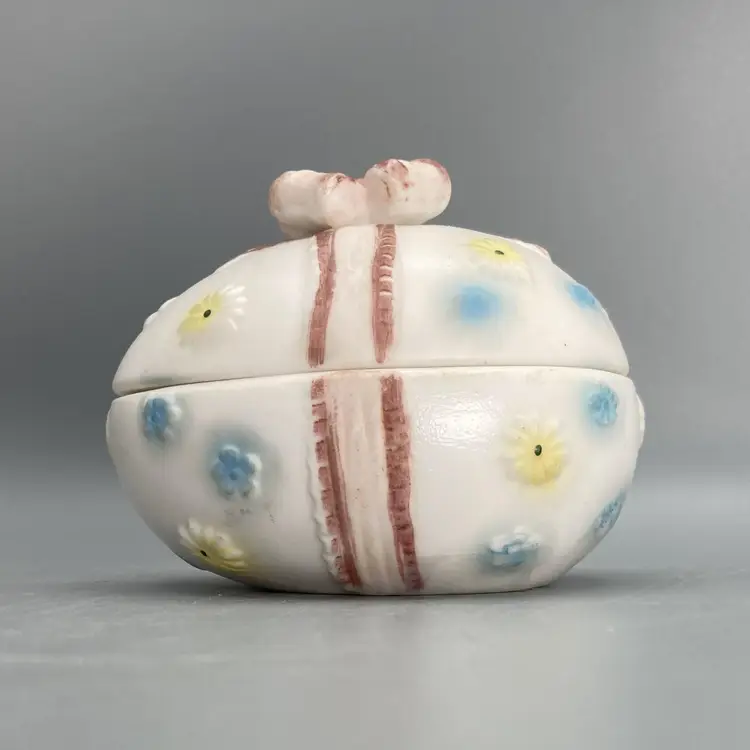 Lefton #4473 Easter Egg Trinket Box with Bow & Flowers Ceramic - Vintage