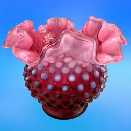 Vintage FENTON Cranberry Opalescent Hobnail Ruffled Vase Pink Art Glass