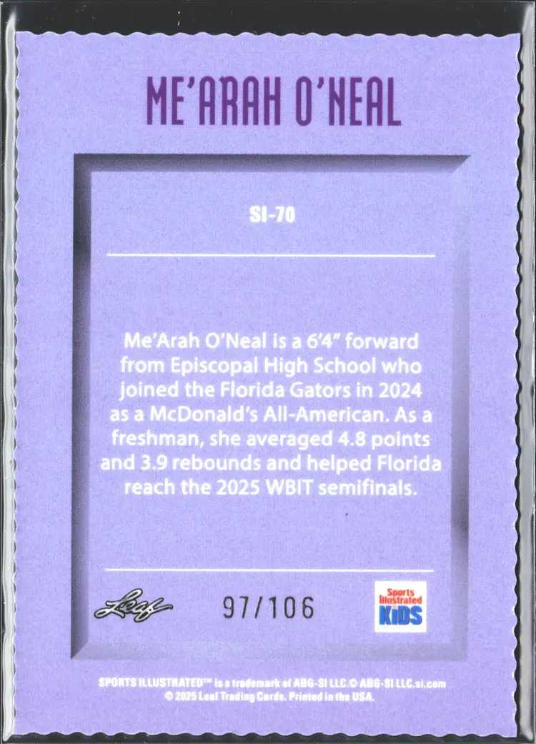 Me'Arah O'Neal Short Print Leaf Sports Illustrated for Kids Metal Basketball Card Only 106 Made