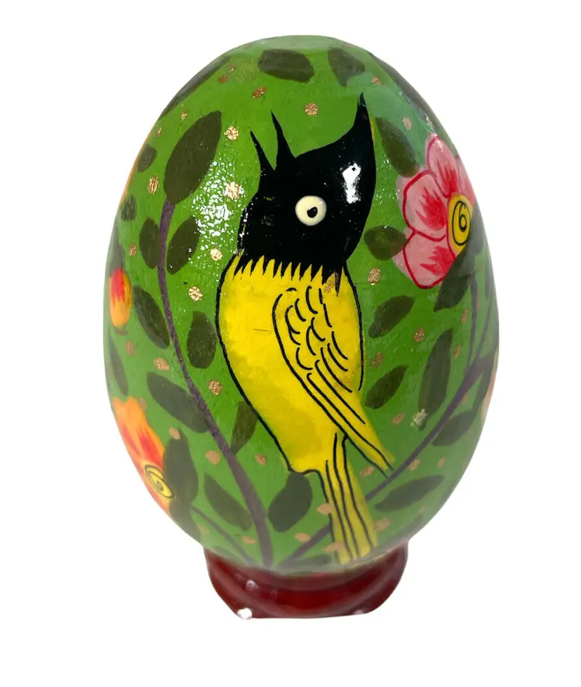 Ukrainian Easter Egg Green Birds Flowers W/ Stand Good Luck Egg NEW Hand Painted
