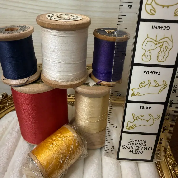 Six Vintage Wooden Spools With Thread