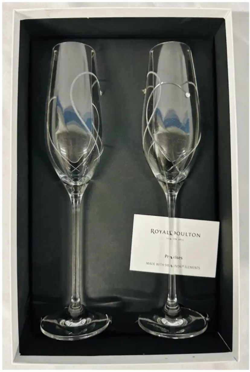 2 New Royal Doulton Fine Crystal Champagne Flutes with Swarovski Elements (Promises: Two Hearts Entwined)  Boxed