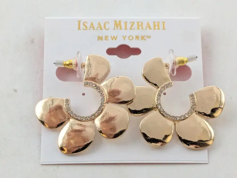Isaac Mizrahi Gold Tone Flower Earrings with Rhinestone Accents NWT