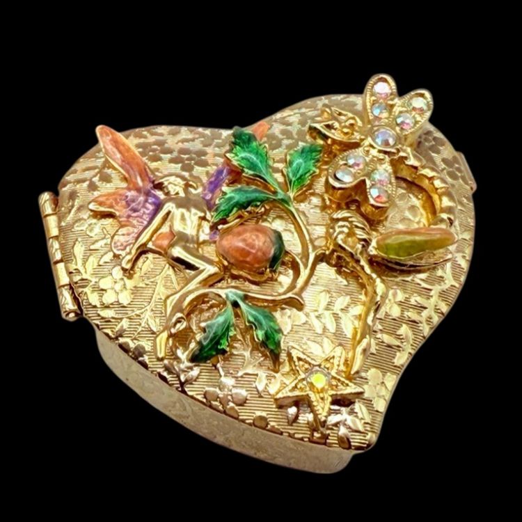 Kirks Folly Heart Mini Trinket Box Fairy Pixie Strawberry Dragonfly Star Gold Tone Signed On Bottom