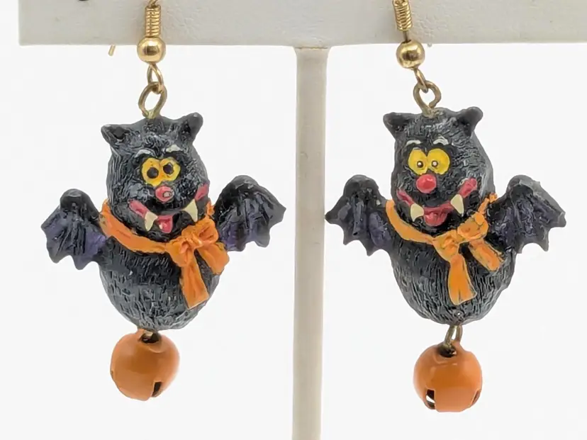 Halloween Bat Earrings with Orange Bows and Bells Spooky Jewelry