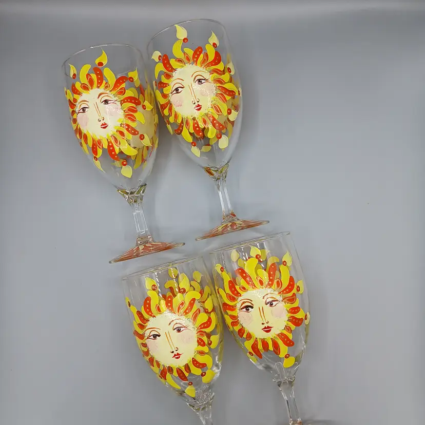 Set Of 4 Hand-painted Sun Face Wine Glasses, 16oz., Glowy Paint