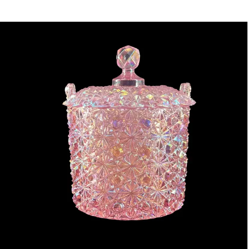Vintage Fenton Lidded Candy Dish "Daisy and Button" Pressed Glass Pattern Faceted Knob Iridescent Pink Ice Bucket Biscuit Jar Container Springtime Easter Mothers Day Decor Fenton Logo Pattern: Daisy and Button.Color/Finish: Pink Pearl (iridescent).Item Type: Candy Jar, Ice Bucket, or Biscuit Jar.