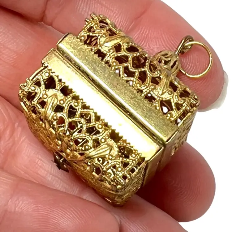 Filigree Brass Pendant Box. Does Not Open. Ready To Hang From Your Favorite Chain. 1” x 1” x 3/4”.