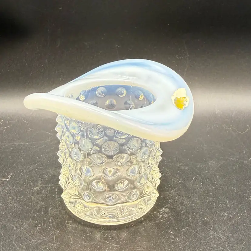 Fenton Glass Blue Opalescent Hobnail Top Hat Topper Vase W/ Partial Label