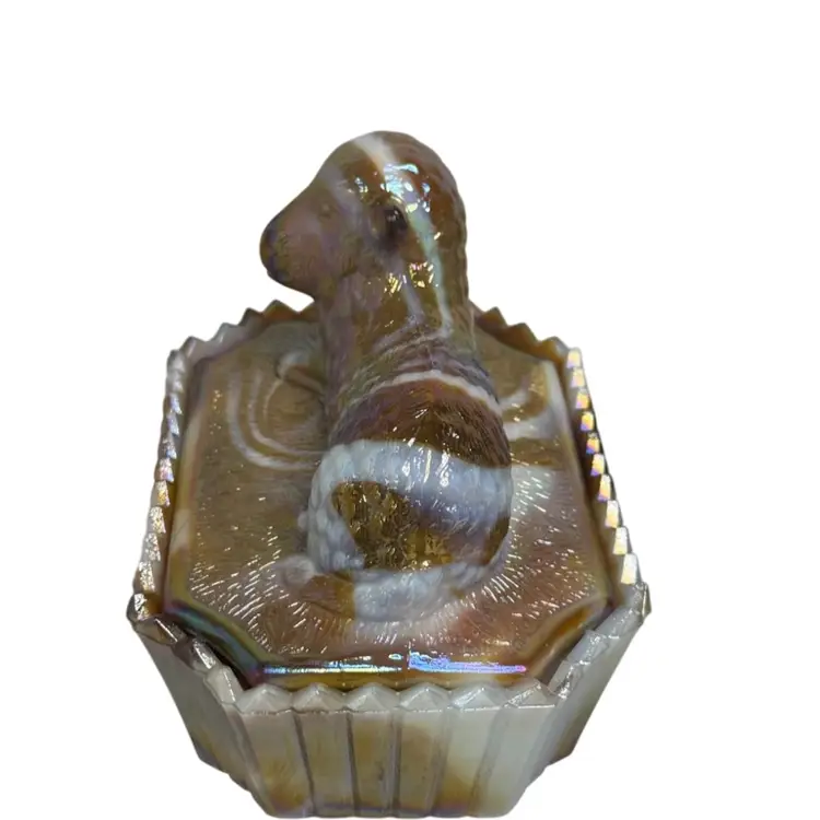 Westmoreland Lamb With Picket Fence  Covered Dish Slag Caramel & Milk Glass Iridescent Scarce READ
4” T x  5-1/4” L x 3-1/2” W