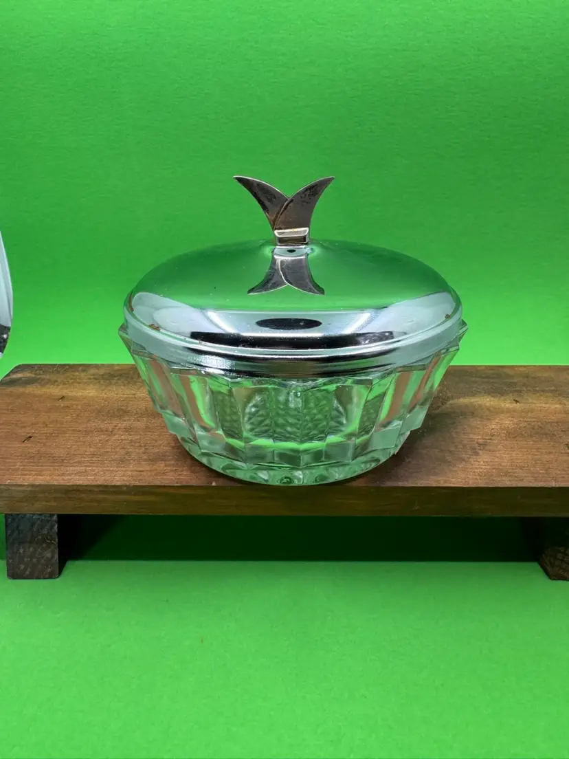 Vintage diamond-cut glass dish with chrome lid and stylized handle, 3.5” Including Lid